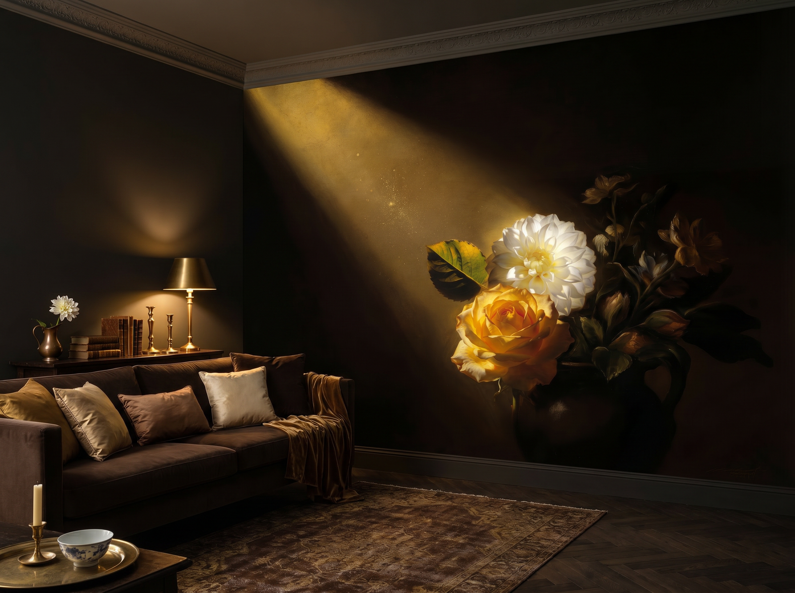 Rembrandt Light Flowers scenic wallpaper mural on the feature wall of a traditional dining room, in a moody black-and-charcoal palette — The Wall Shawl.