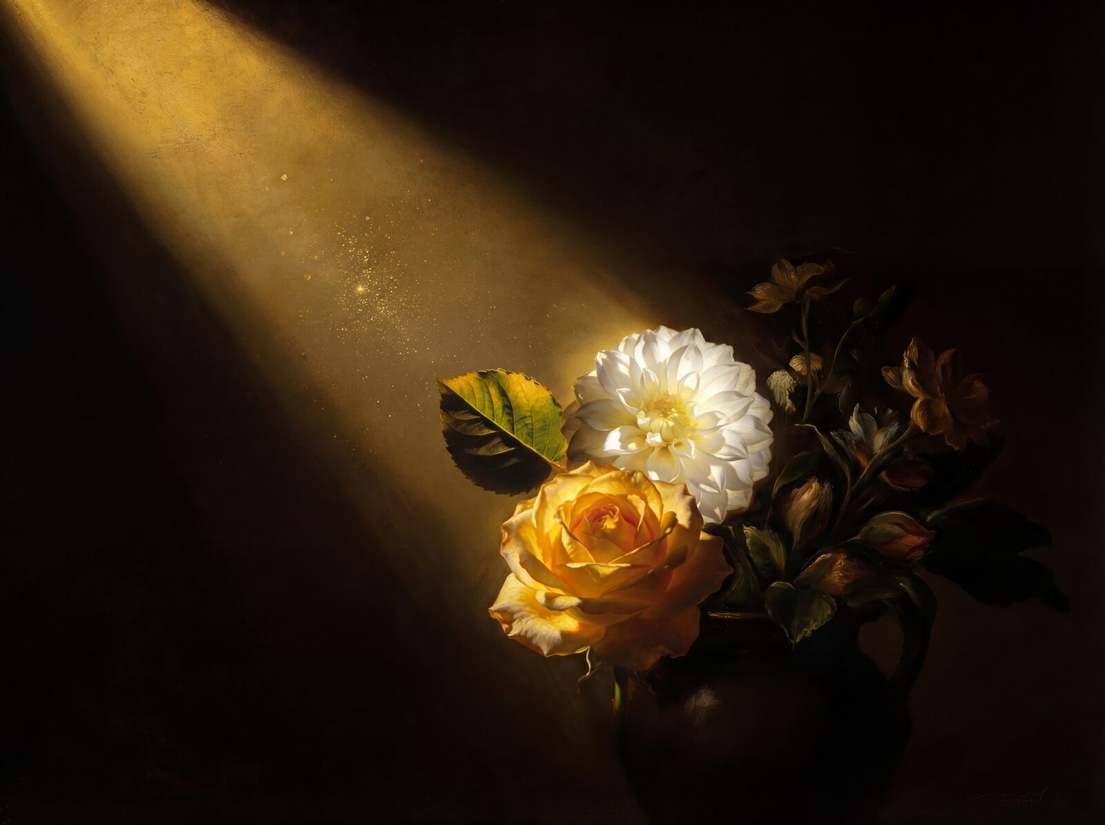 Experience dramatic illumination with this floral mural, featuring deep shadows and golden light. Made to order.