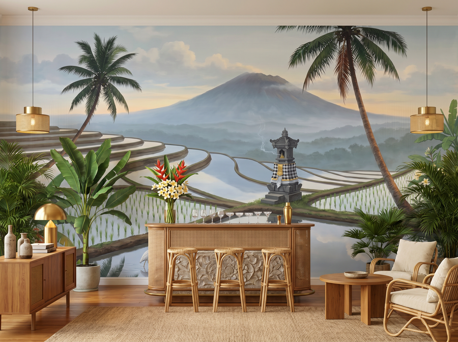 Rice Paddy Reflection scenic wallpaper mural on the feature wall of a chinoiserie living room, in a warm brown-and-taupe palette — The Wall Shawl.