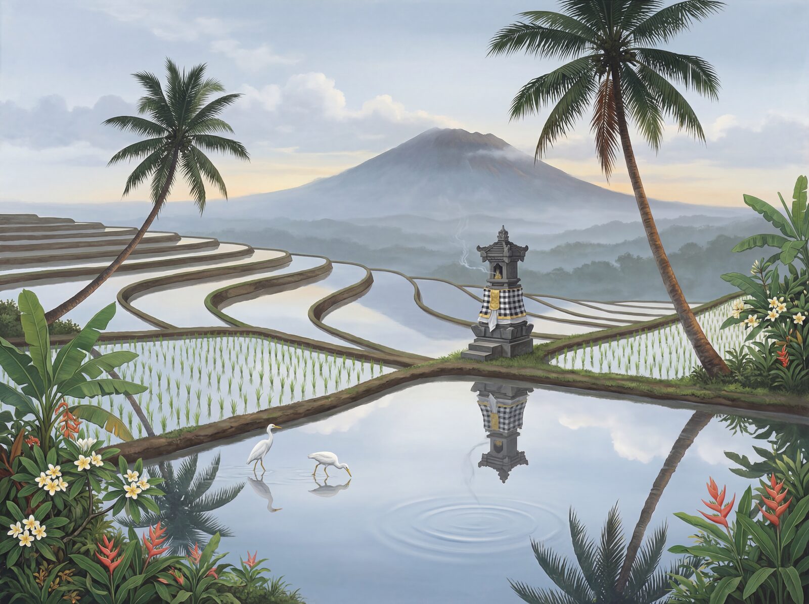 Scenic mural wallpaper in Temple Stone, Reflection Gold, and Paddy Green. Made to order.
