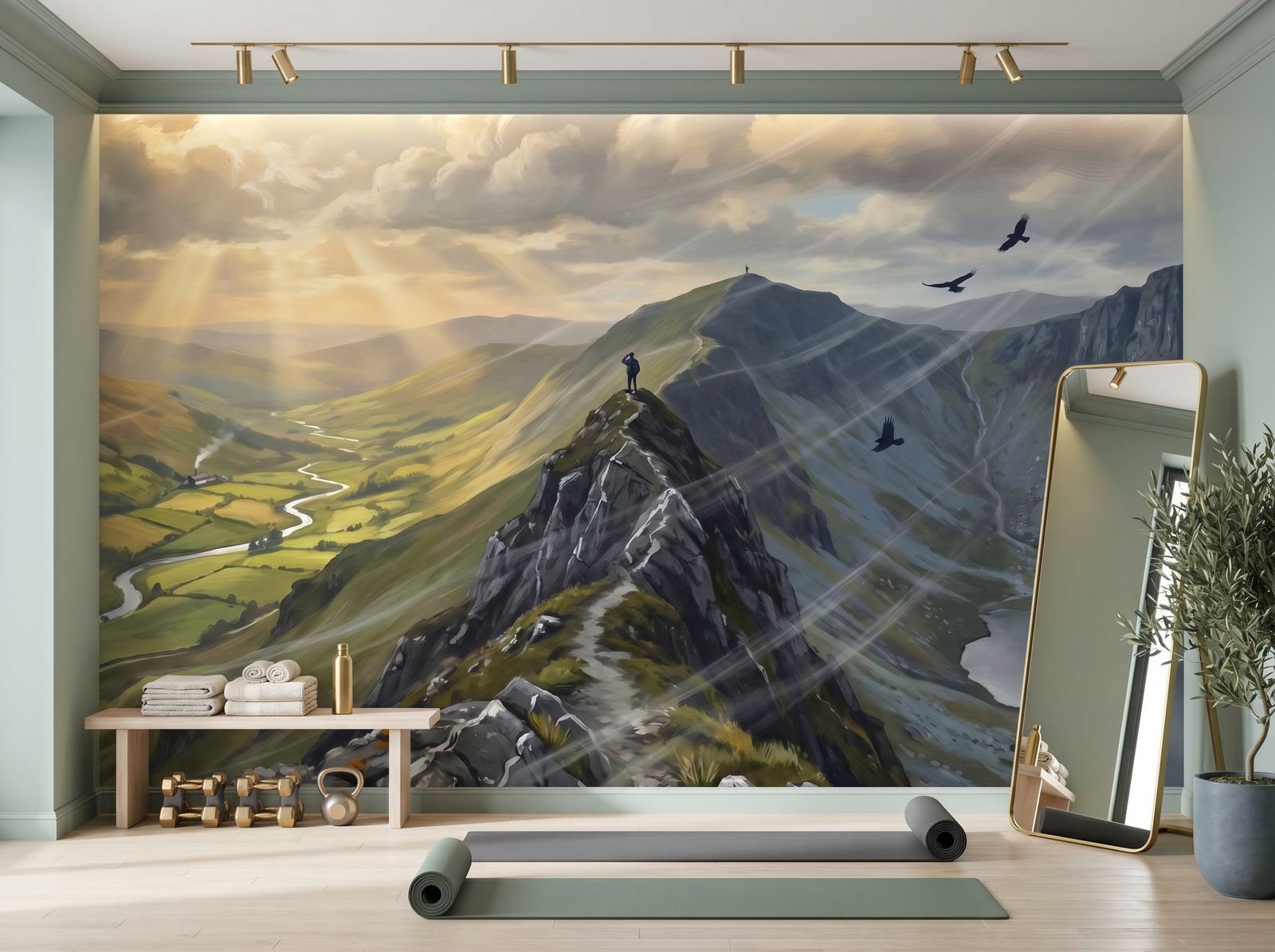 Ridge Walk scenic wallpaper mural on the feature wall of a modern-rustic study, in a soft grey palette — The Wall Shawl.