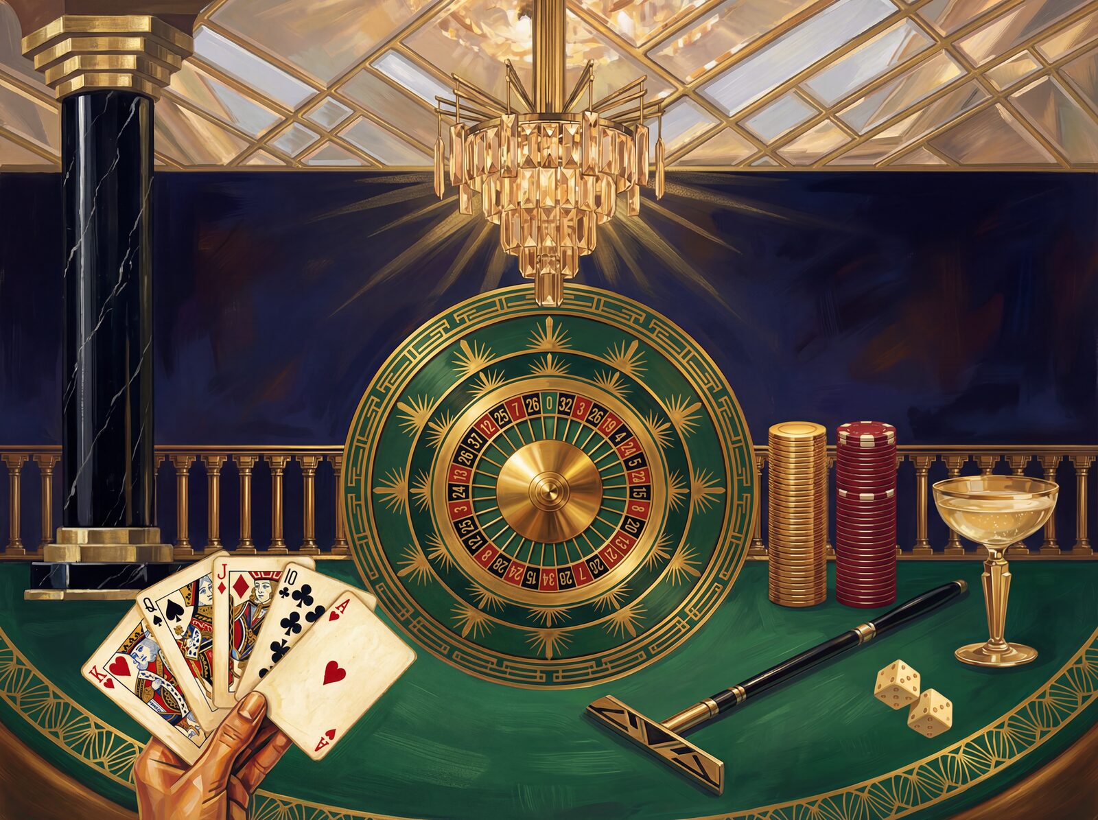 Luxury casino scene wallpaper with deep blues, golds, and reds. Made to order.