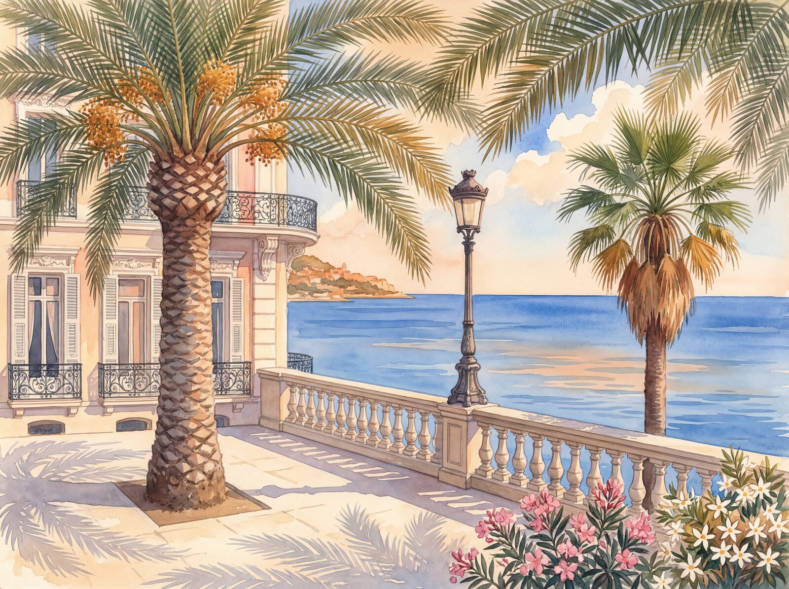 Scenic mural wallpaper featuring palm trees, Mediterranean sea, and belle-epoque hotels in Palm Green, Riviera Blue, and Sunset Peach. Made to order.