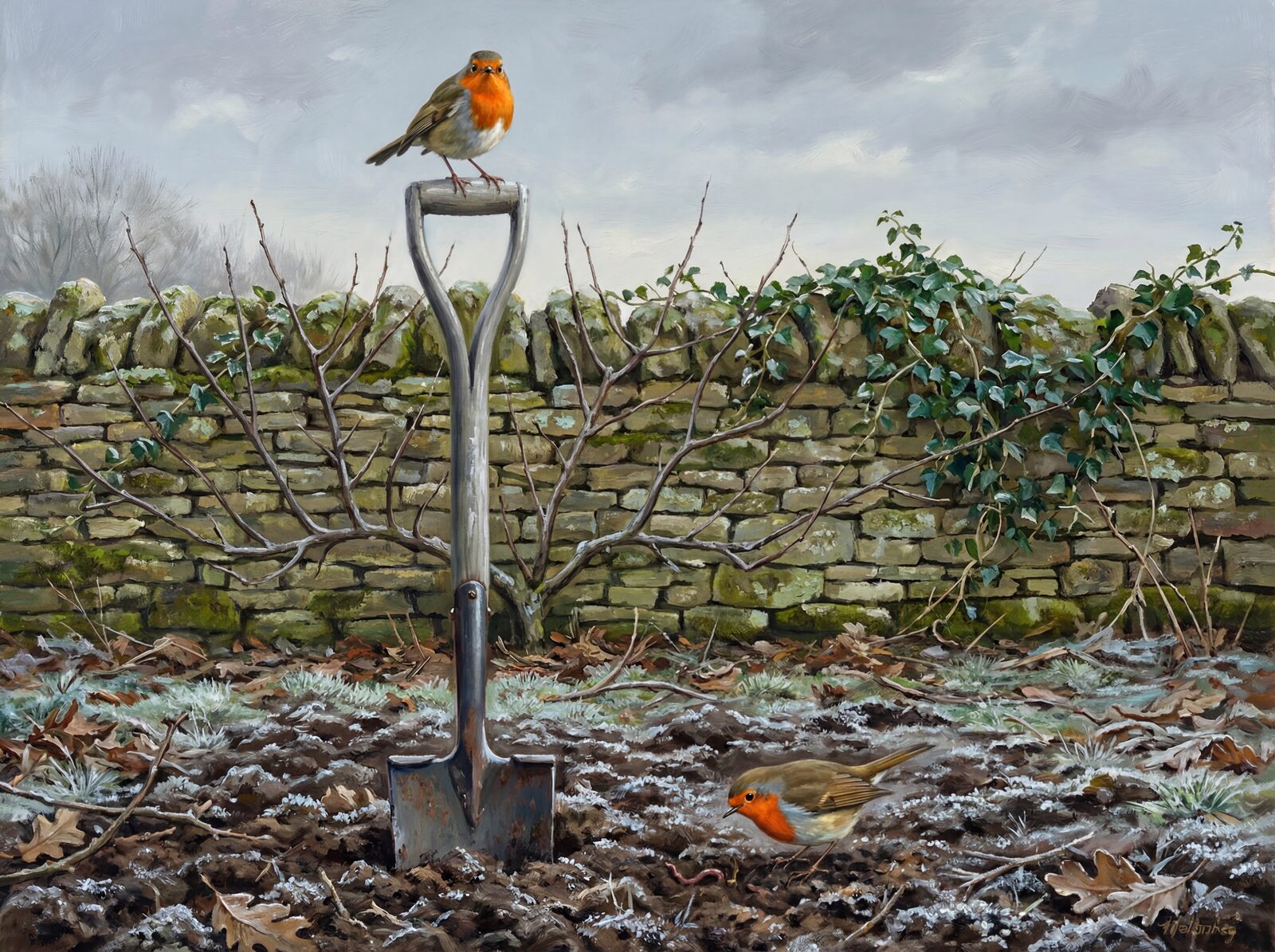 Experience the quiet intimacy of a winter garden with a fearless robin. Rich browns, greys, and a striking orange-red. Made to order.