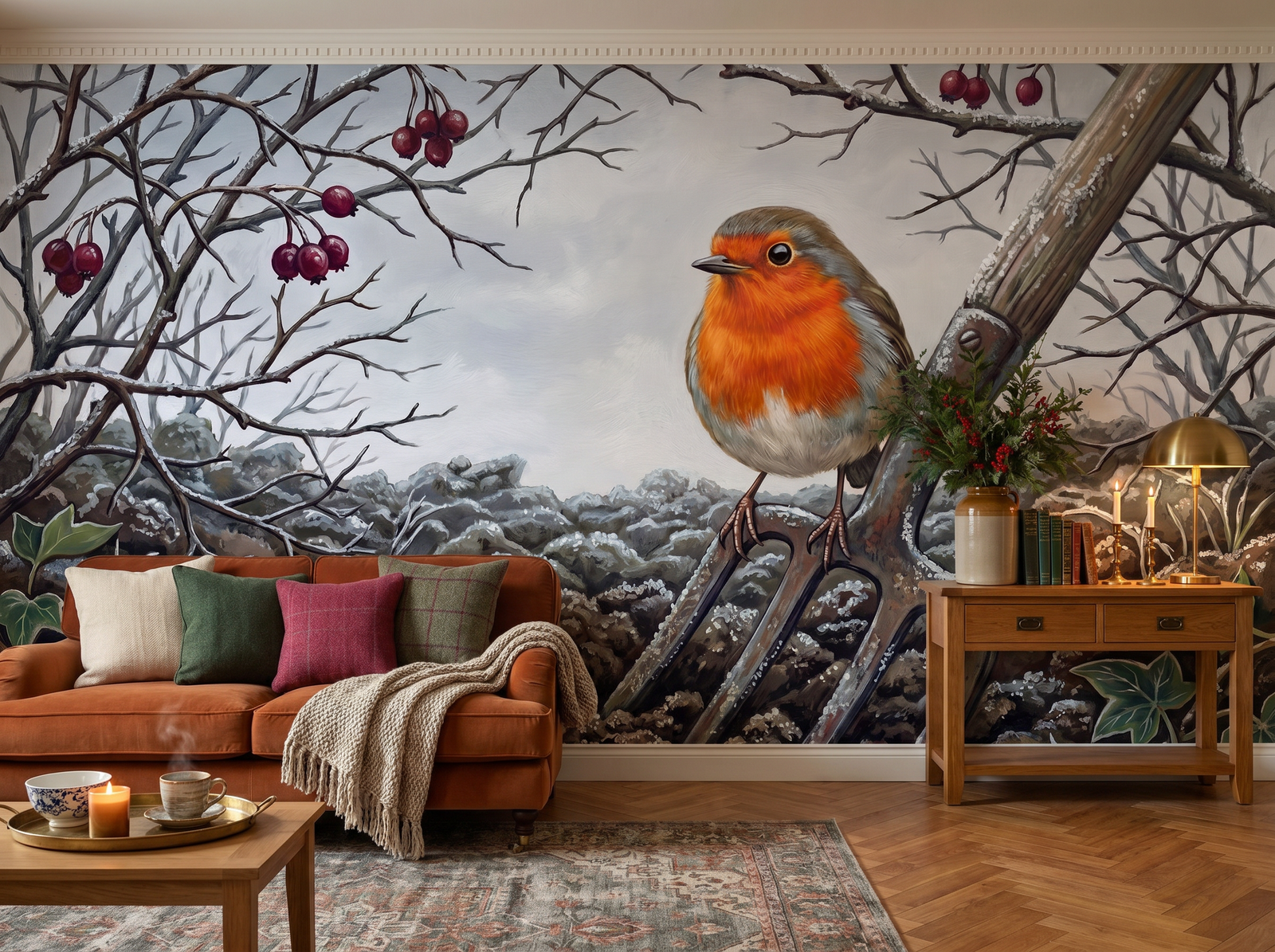 Robin Redbreast scenic wallpaper mural on the feature wall of an English-country study, in a moody black-and-charcoal palette — The Wall Shawl.