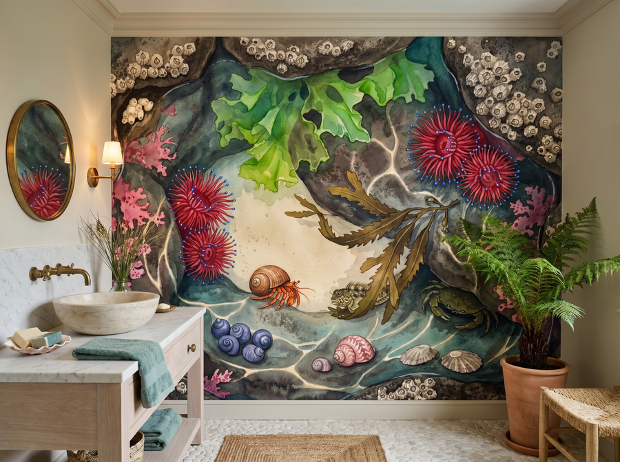 Rock Pool scenic wallpaper mural on the feature wall of a coastal bathroom, in a soft grey palette — The Wall Shawl.