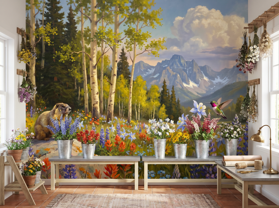 Rocky Mountain Meadow scenic wallpaper mural on the feature wall of a modern-rustic living room, in a cool blue palette — The Wall Shawl.