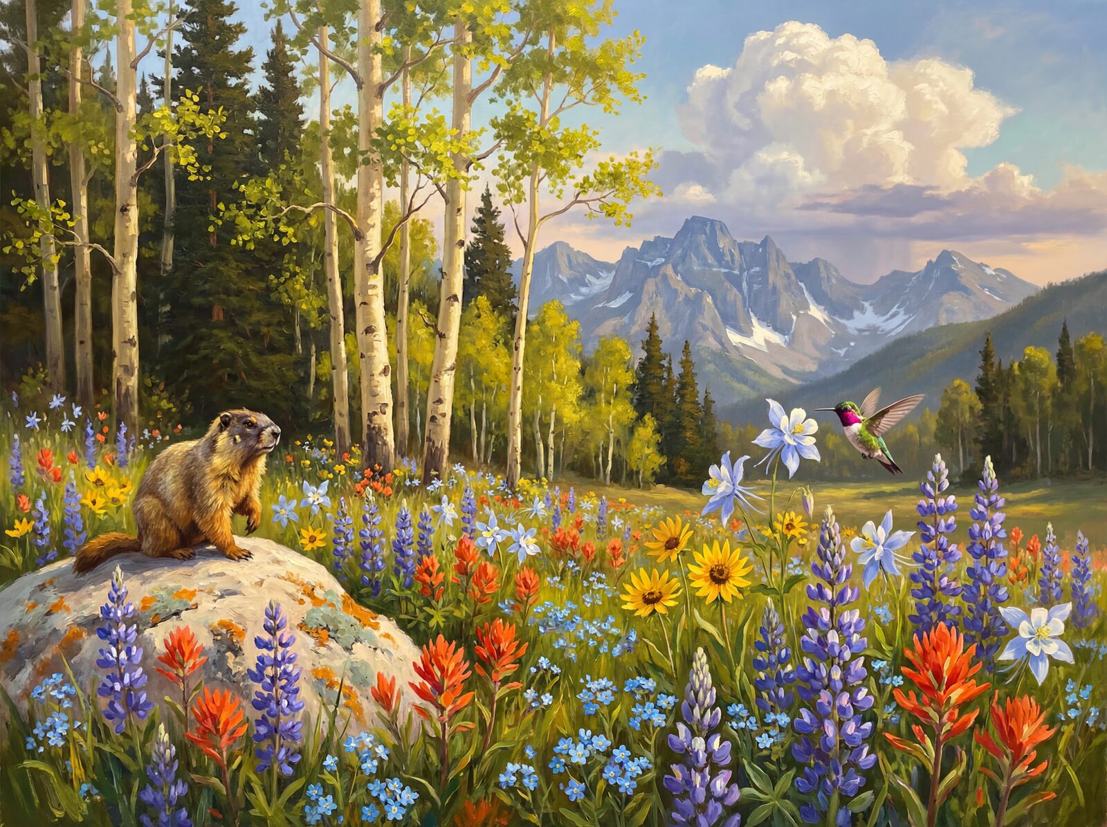 Vibrant lupine, paintbrush, and sunflowers in a scenic meadow with Aspen trees and granite peaks. Made to order.