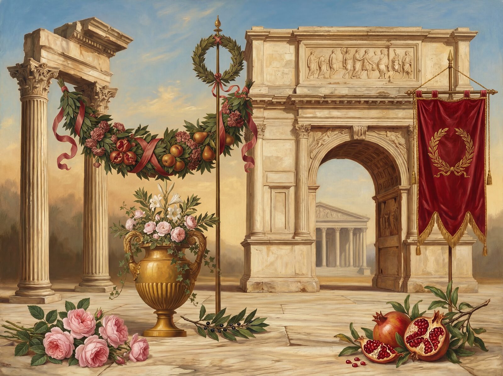 Scenic mural wallpaper in Triumph Gold, Laurel Green, and Marble Cream. Made to order.