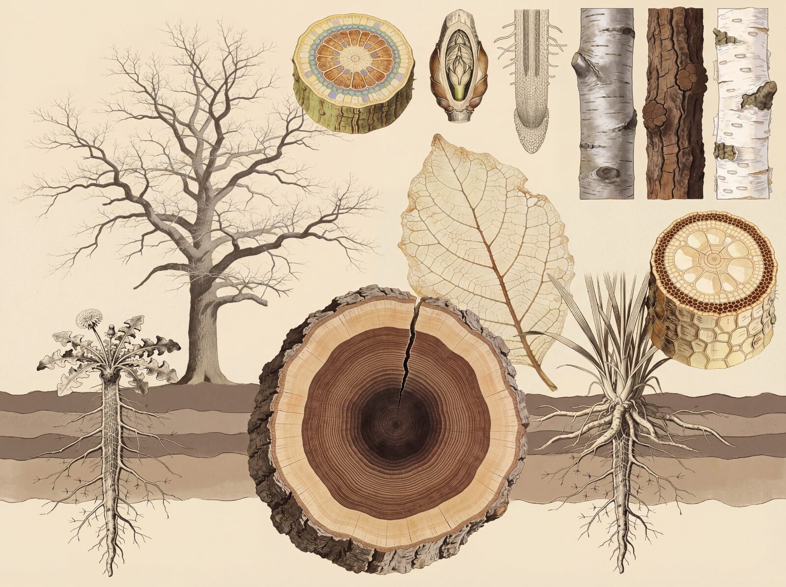 Uncover the hidden architecture of plants with this analytical mural. Featuring a palette of deep browns, creams, and subtle greens. Made to order.