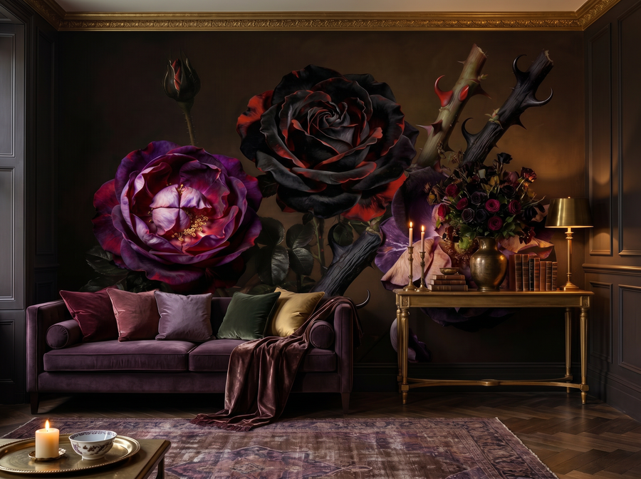 Rose and Thorn scenic wallpaper mural on the feature wall of an English-country bedroom, in a moody black-and-charcoal palette — The Wall Shawl.