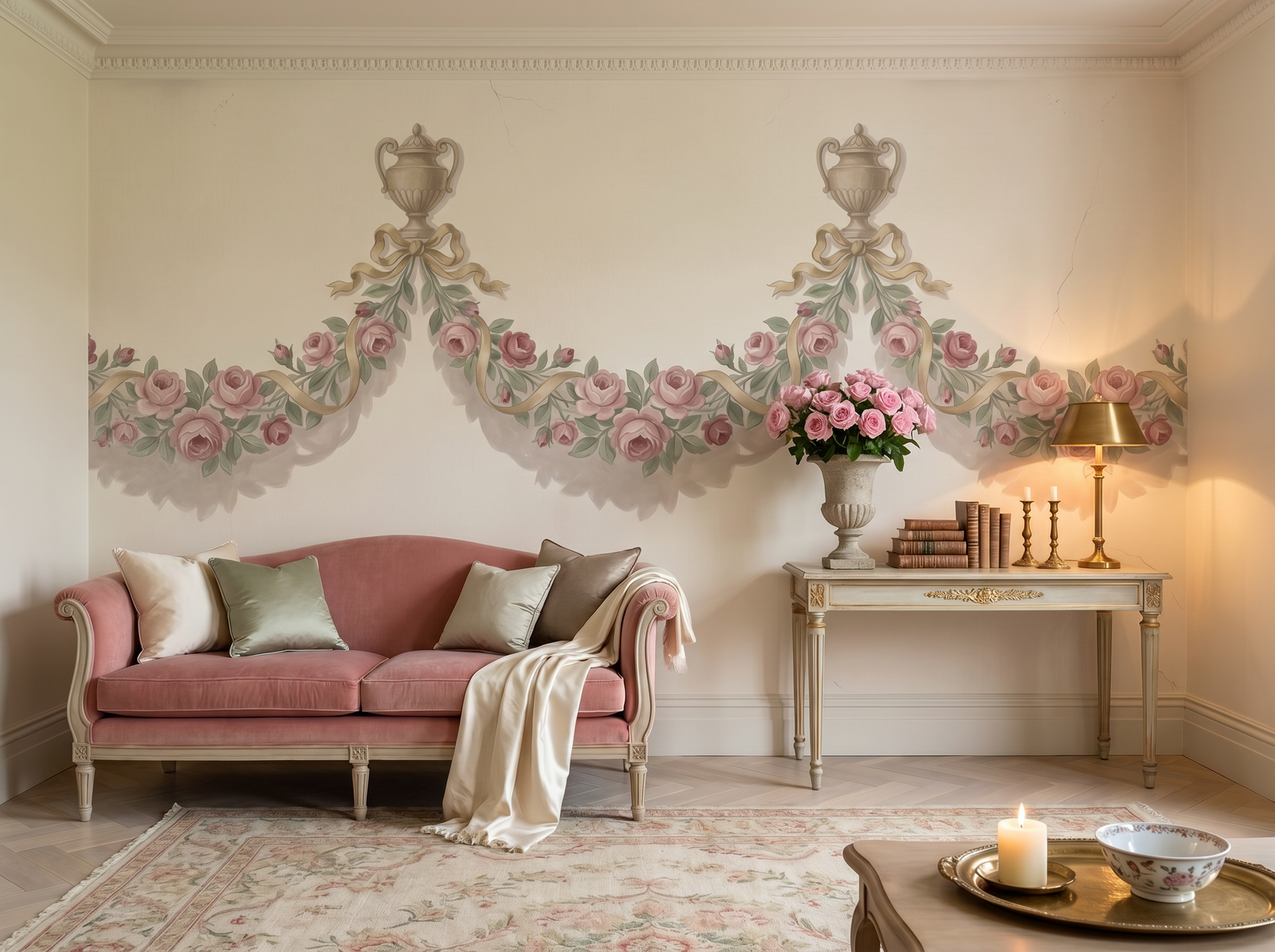 Rose Garland scenic wallpaper mural on the feature wall of an English-country living room, in a soft pink-and-blush palette — The Wall Shawl.
