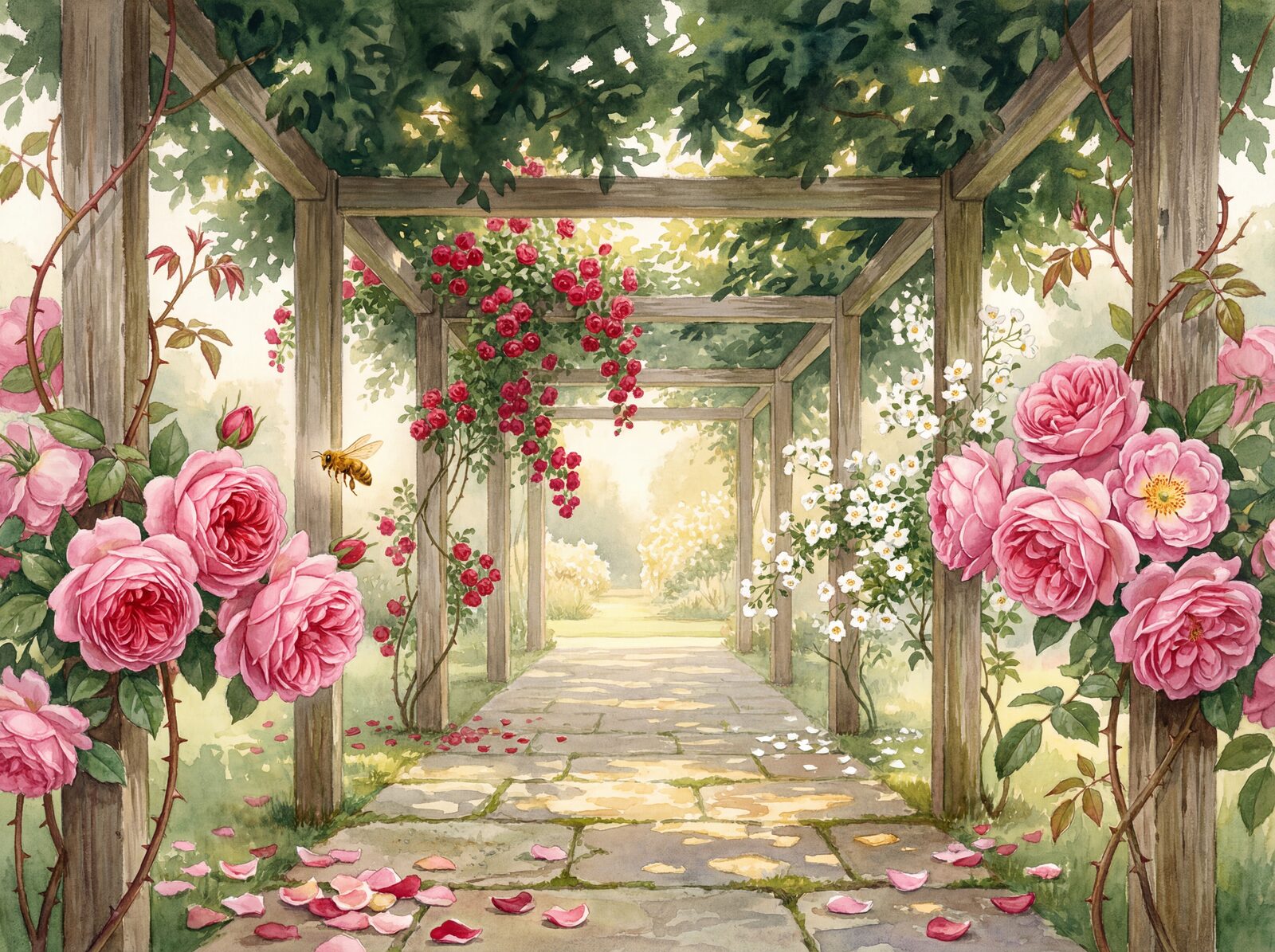 Immersive rose pergola scene with Bourbon Pink, Rambler Crimson, and Canopy Green. Made to order.