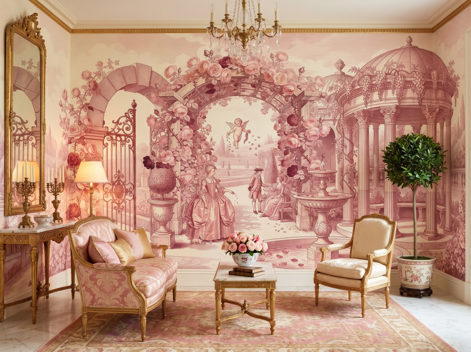 Rose Garden Toile scenic wallpaper mural on the feature wall of a French-country bedroom, in a soft pink-and-blush palette — The Wall Shawl.