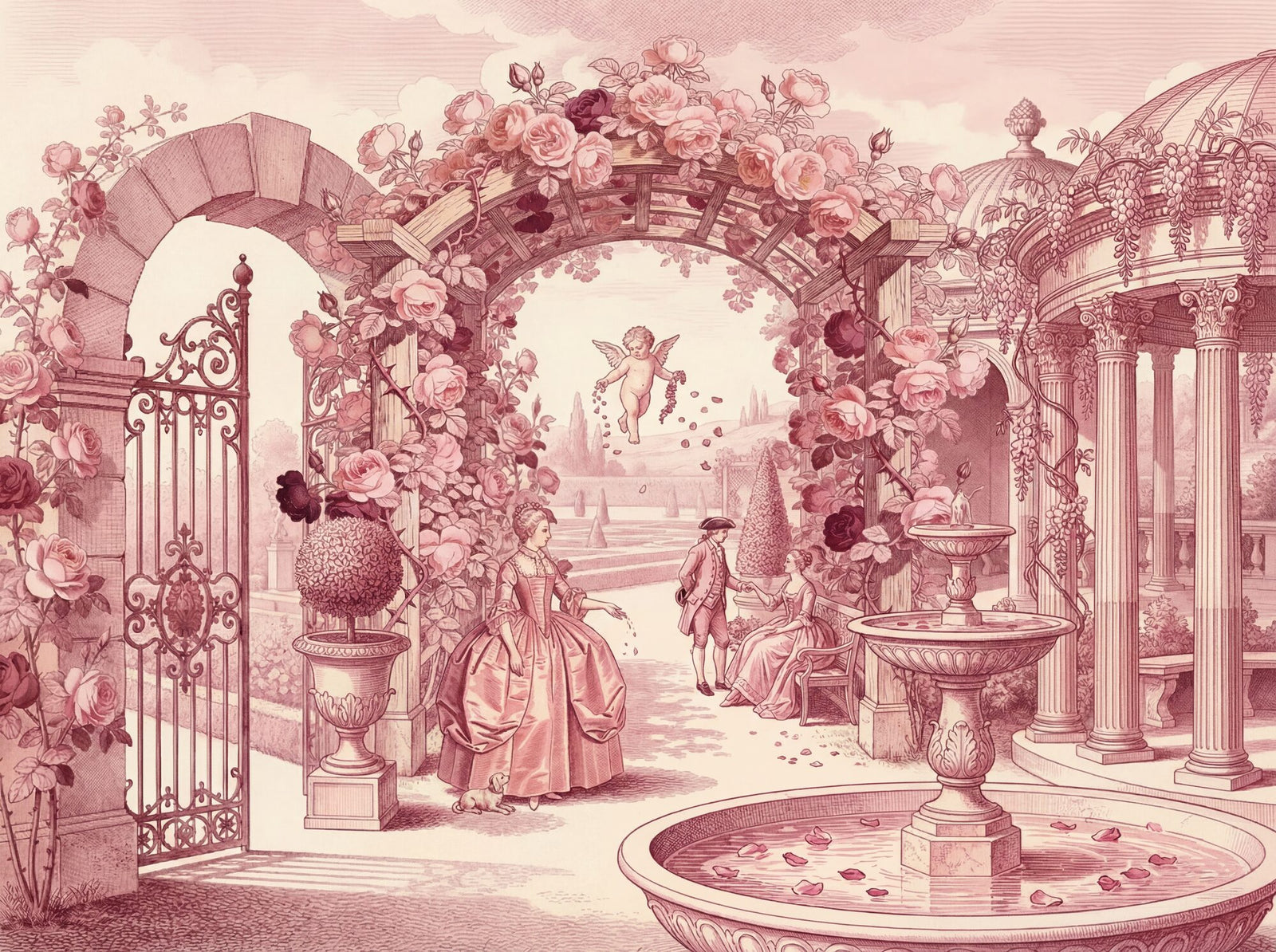 Rose-pink toile de Jouy mural showing a rose-covered garden pergola, wrought-iron gate, woman in 18th-century dress, courtship couple, cherub scattering petals above a classical fountain, and a domed garden pavilion on warm cream ground
