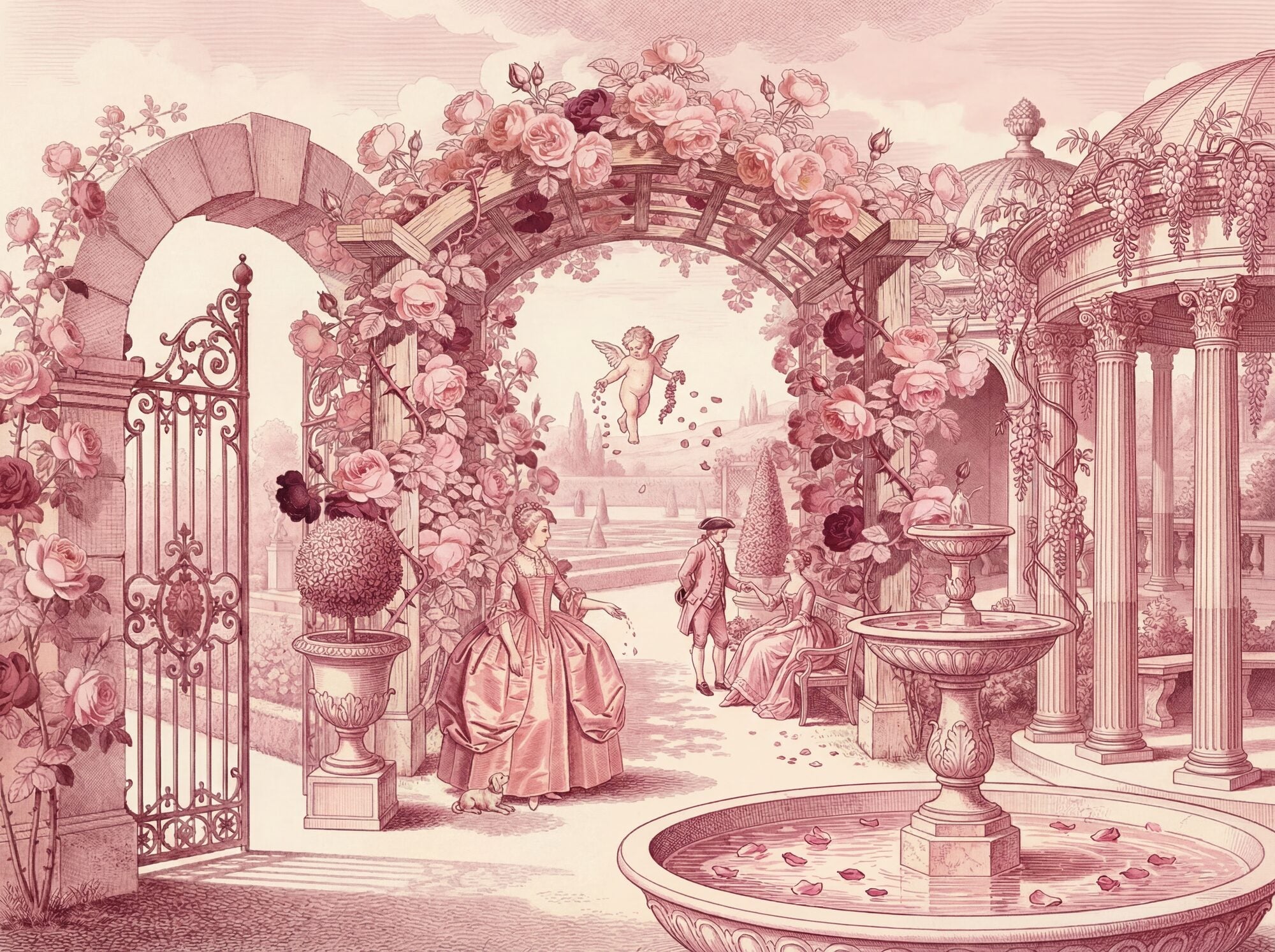 Rose-pink toile de Jouy mural showing a rose-covered garden pergola, wrought-iron gate, woman in 18th-century dress, courtship couple, cherub scattering petals above a classical fountain, and a domed garden pavilion on warm cream ground