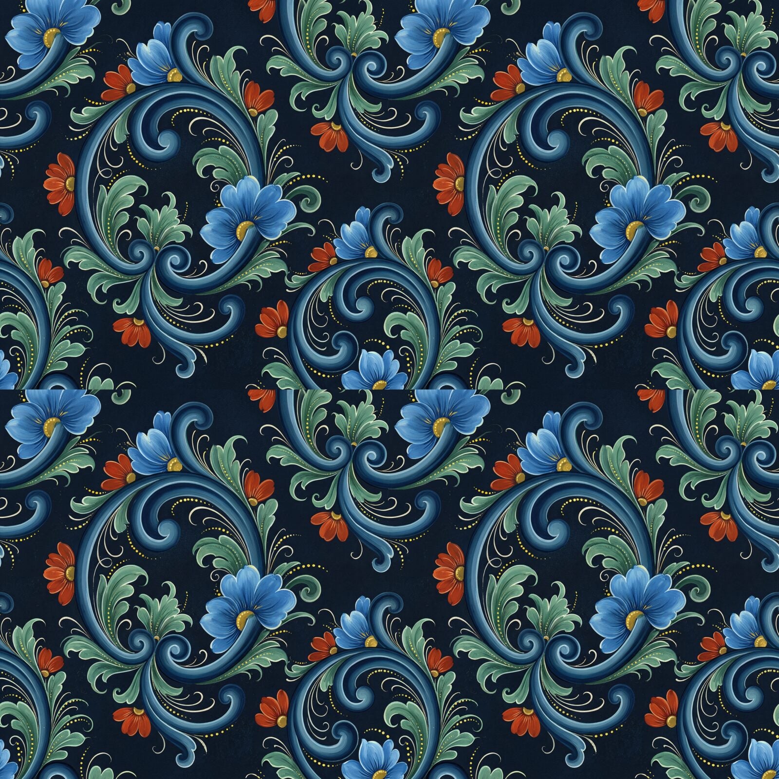 Experience the vibrant folk art of Norway with our Rosemaling Panel mural wallpaper. Featuring blue, red, and green scrolls on a dramatic dark ground. Made to order.