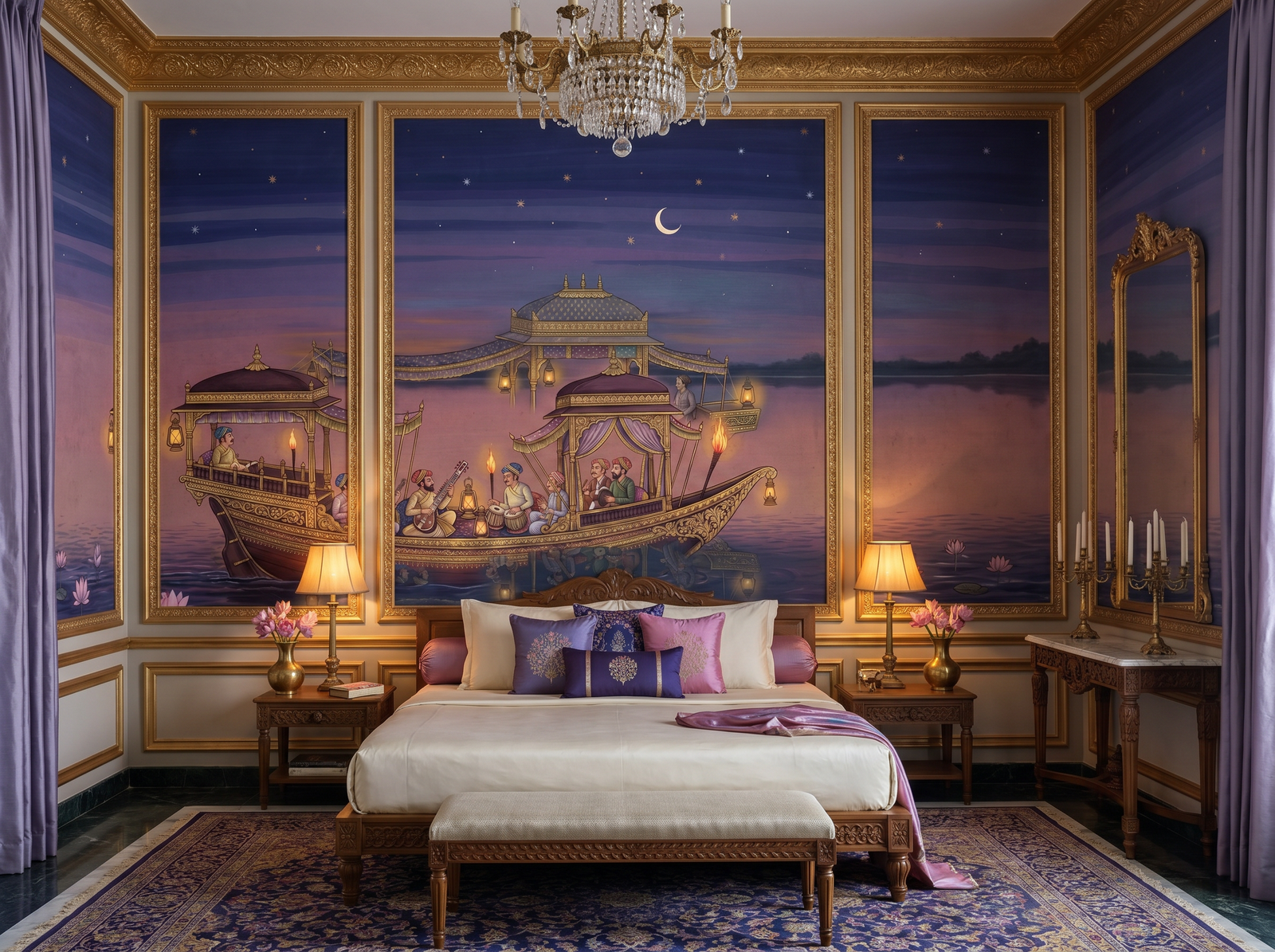 Royal Barge scenic wallpaper mural on the feature wall of an eclectic bedroom, in a moody black-and-charcoal palette — The Wall Shawl.