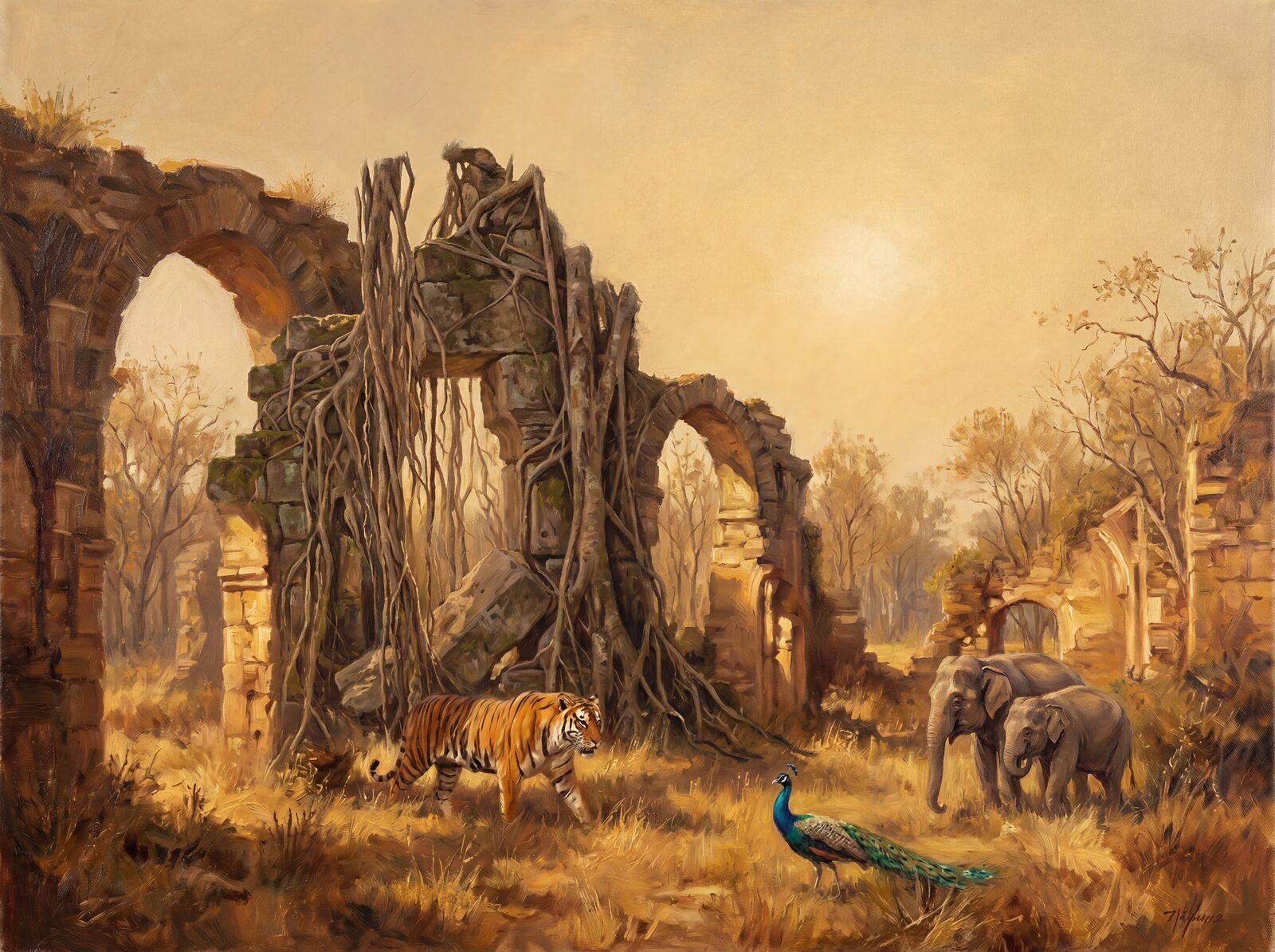 Wildlife mural with tiger, medieval ruins, and warm golden light. Made to order.