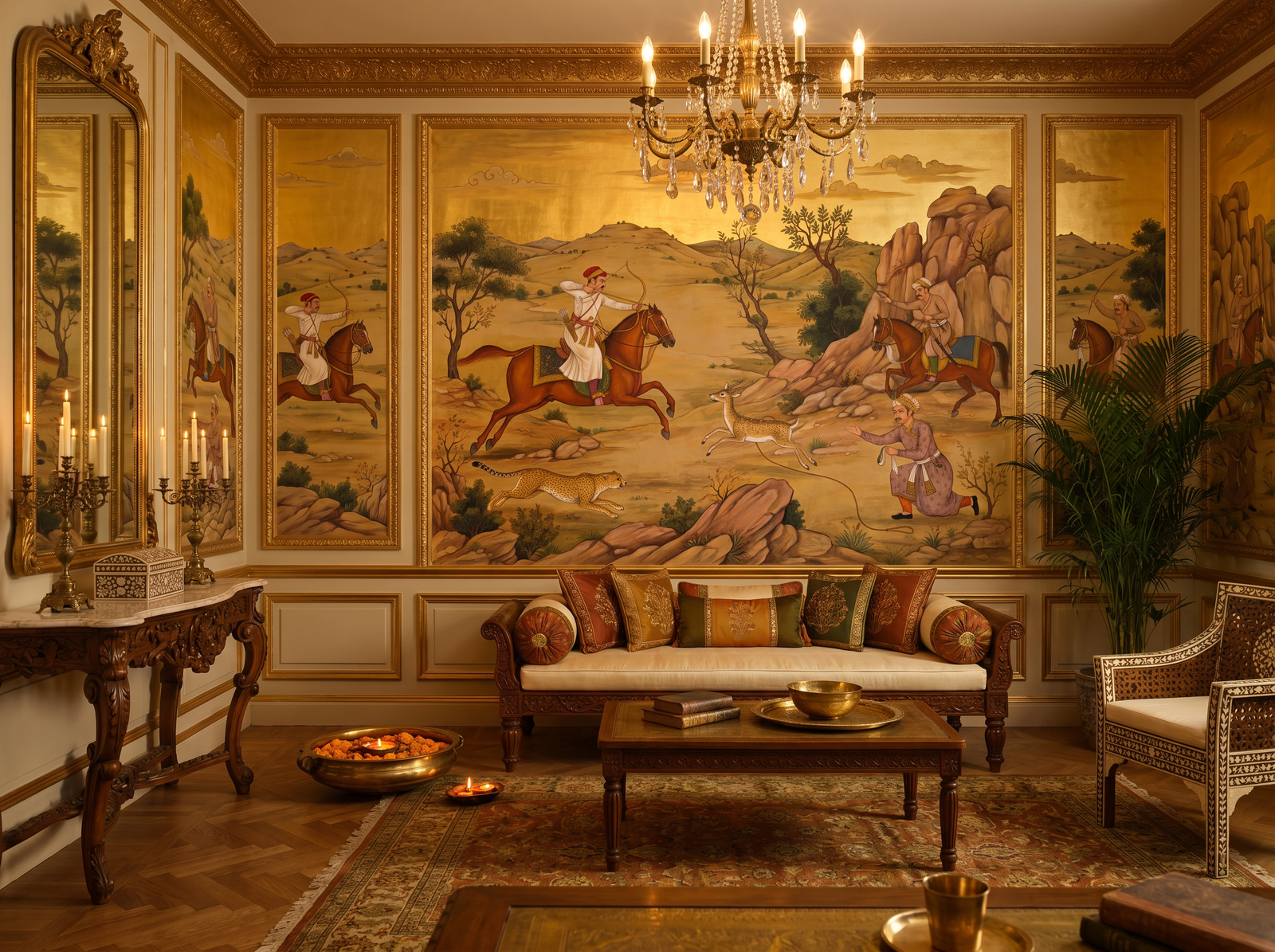 Royal Hunt scenic wallpaper mural on the feature wall of an eclectic study, in a soft grey palette — The Wall Shawl.