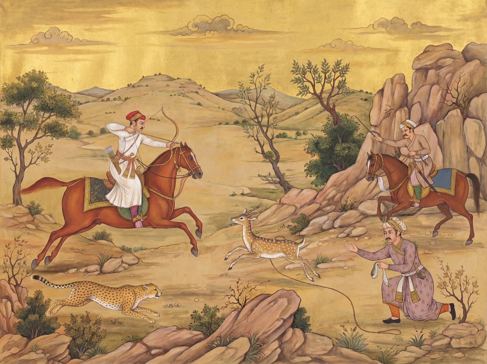 Mughal royal hunting scene with Rocky Terrain, Horse Chestnut, and Cheetah Gold. Made to order.