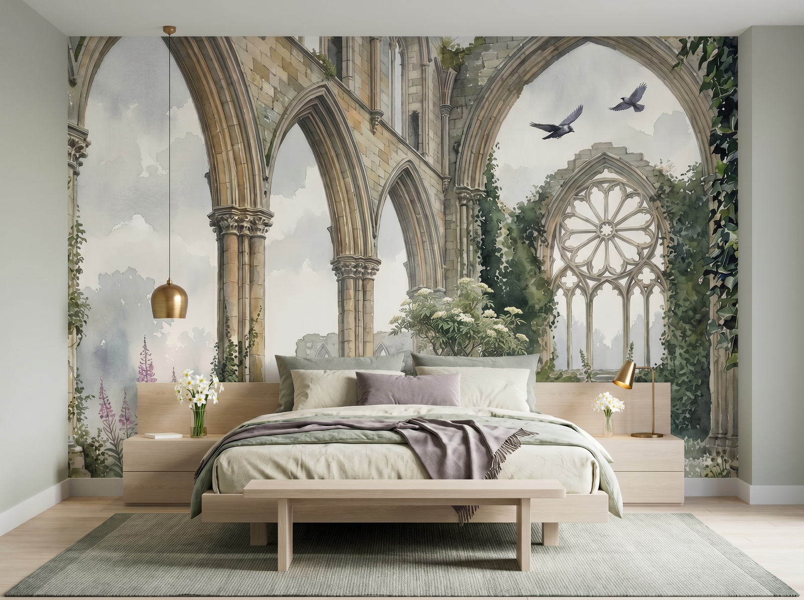 Ruined Abbey scenic wallpaper mural on the feature wall of a dark-academia entrance hall, in a soft grey palette — The Wall Shawl.