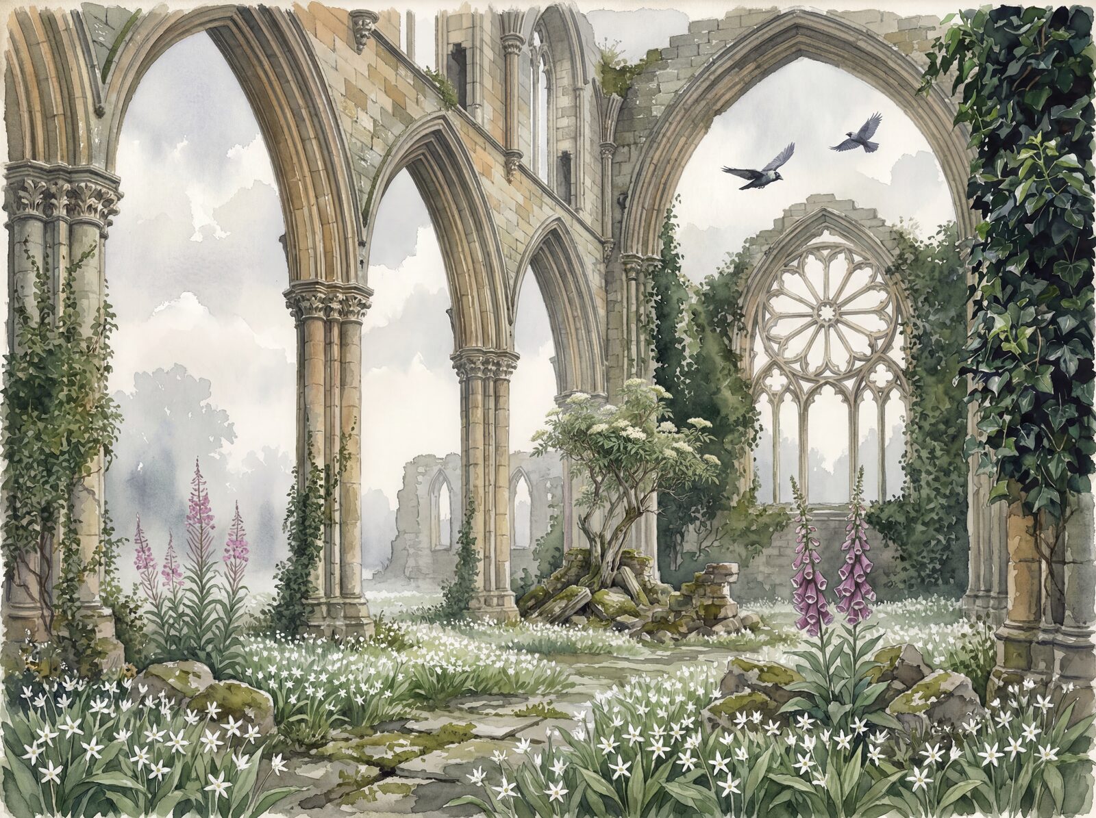 Scenic mural wallpaper featuring a ruined abbey with a palette of warm stone, pearl sky, and lush greenery. Made to order.