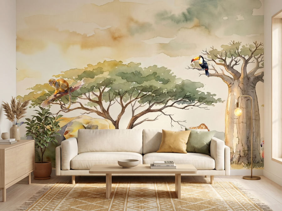 Safari Adventure Nursery Panorama scenic wallpaper mural on the feature wall of a cottagecore nursery, in a warm brown-and-taupe palette — The Wall Shawl.