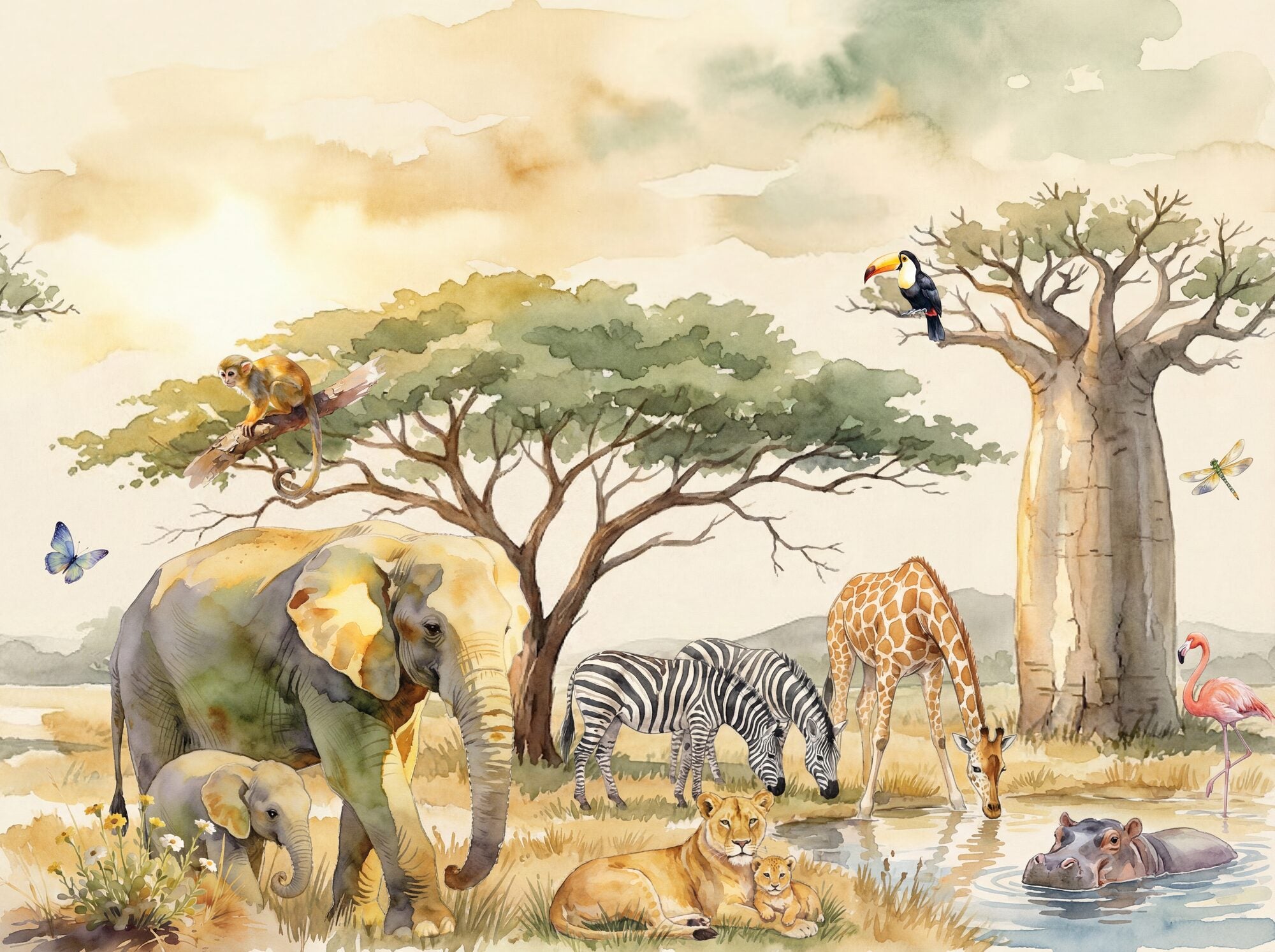 Safari Adventure nursery mural wallpaper — watercolour East African savanna with elephant mother and calf, giraffe drinking, lioness with cub, zebras, flamingo, hippo and toucan at a golden-hour watering hole