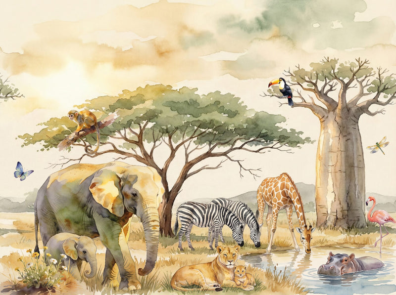 Safari Adventure Nursery Panorama — Scenic Mural Wallpaper