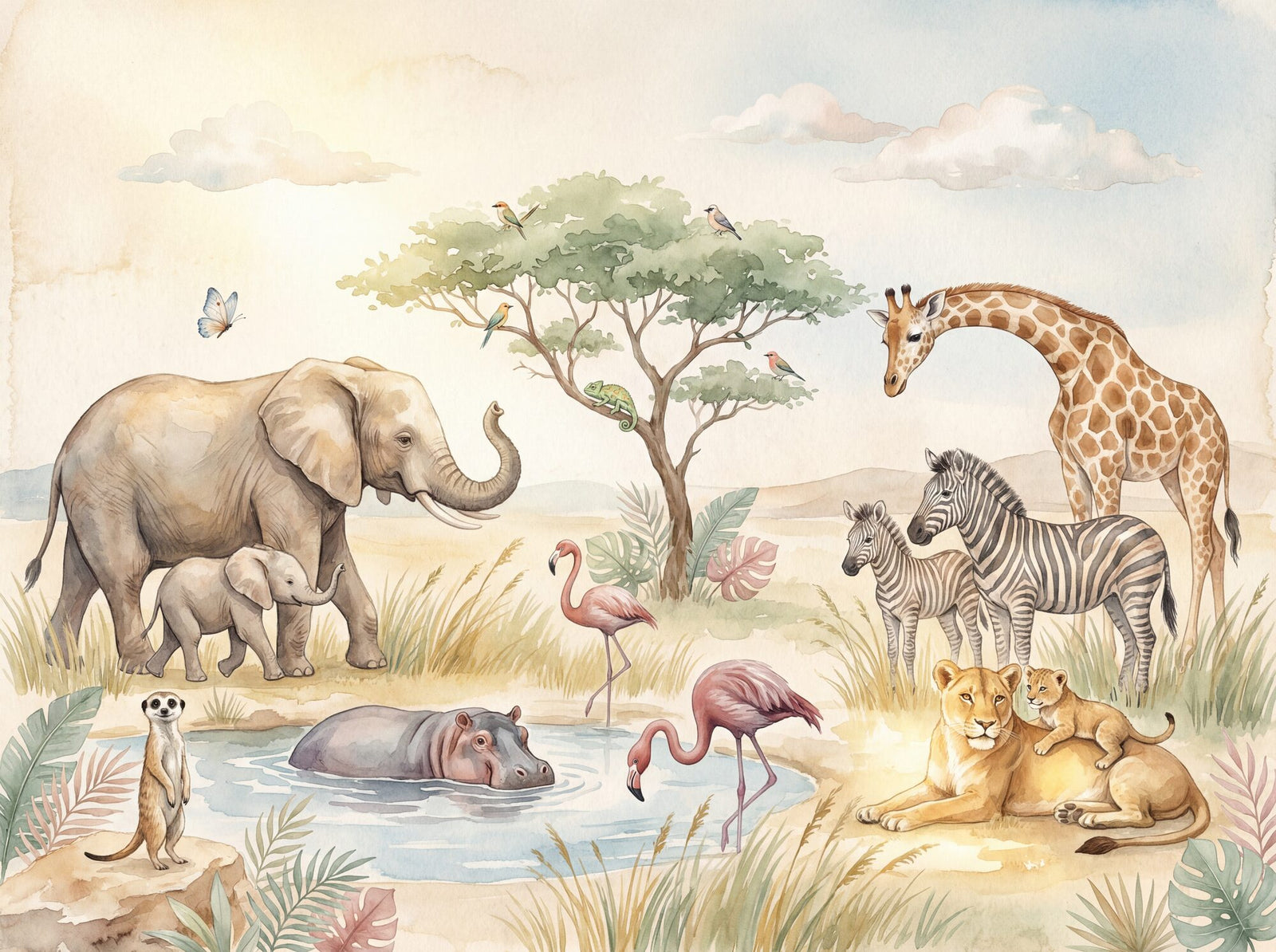 Safari nursery mural wallpaper in warm watercolour tones: elephant mother and calf under an acacia, giraffe bending to a watering hole, zebra family, resting lions, flamingos in the shallows, half-submerged hippo and sentinel meerkat on a golden-hour savanna