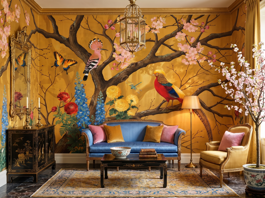 Saffron Palace Garden Chinoiserie scenic wallpaper mural on the feature wall of a chinoiserie dining room, in a soft grey palette — The Wall Shawl.