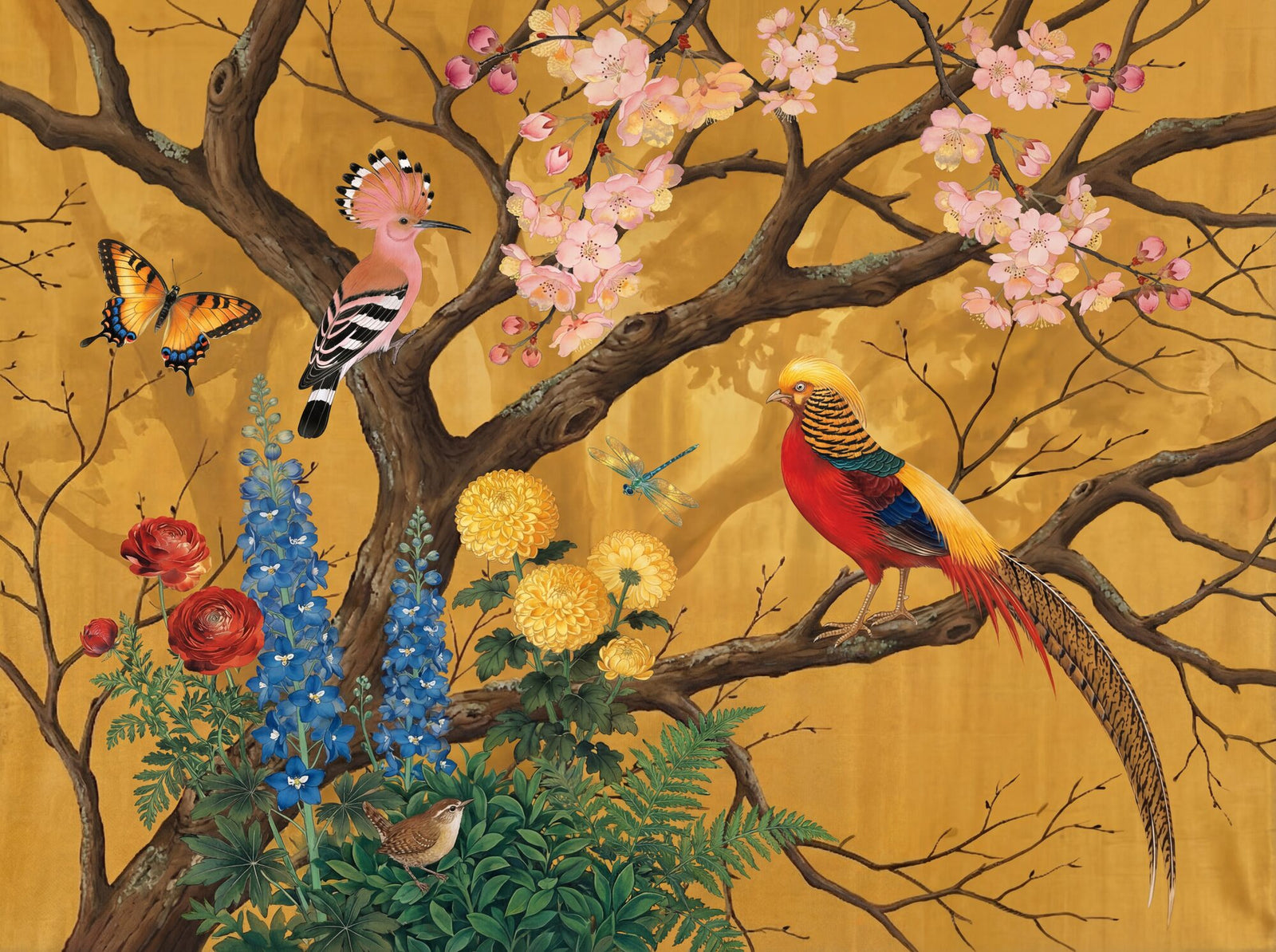 Saffron Palace chinoiserie mural wallpaper — golden pheasant with crimson breast and barred tail, Eurasian hoopoe with raised crest, cherry blossom, chrysanthemums and delphinium on a warm saffron silk ground