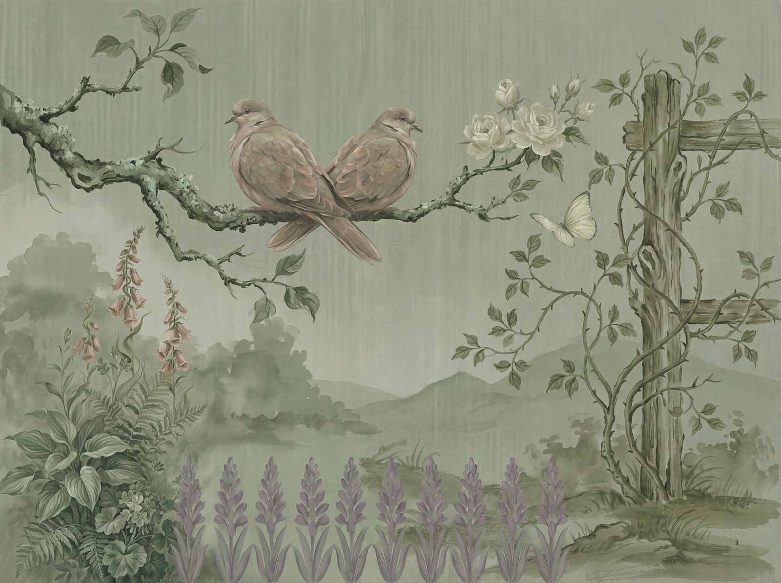 Monochromatic sage green mural wallpaper, featuring a serene walled garden scene. Made to order.