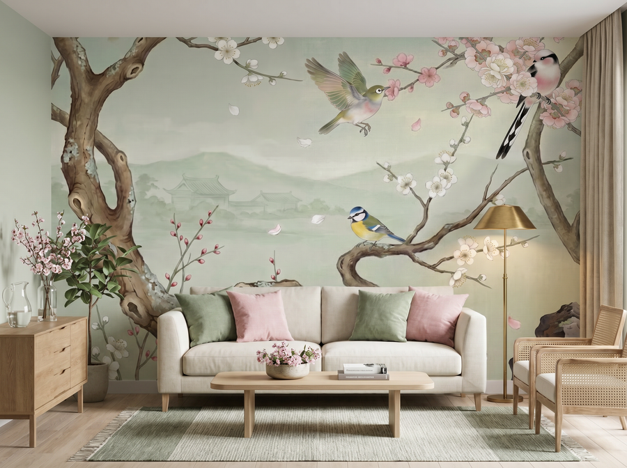 Sage Garden scenic wallpaper mural on the feature wall of a chinoiserie dining room, in a warm neutral palette — The Wall Shawl.