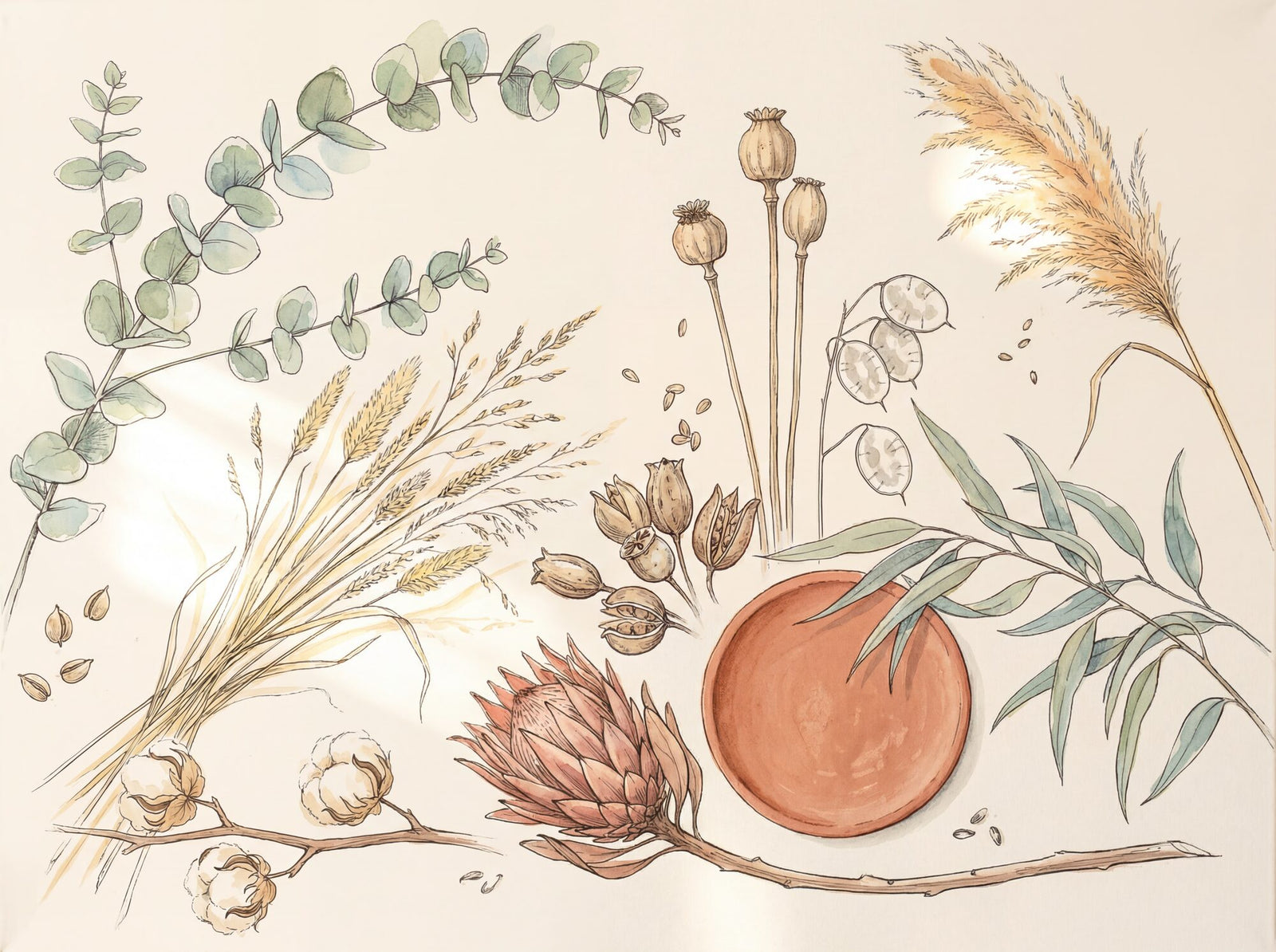 Dried botanical mural wallpaper with eucalyptus branches, pampas grass, dried protea, cotton bolls, lunaria and a terracotta clay disc on a warm linen-coloured ground, rendered in ink line and watercolour wash