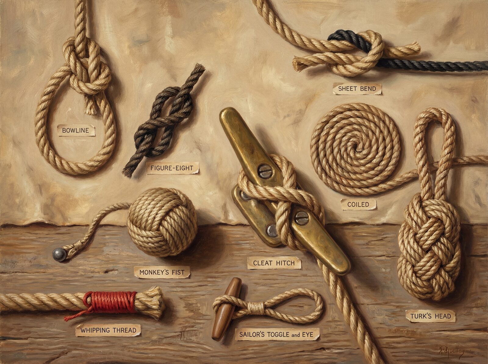 Discover 'Sailor's Knots' mural wallpaper: a botanical study of nautical knots in warm, neutral tones. Made to order.
