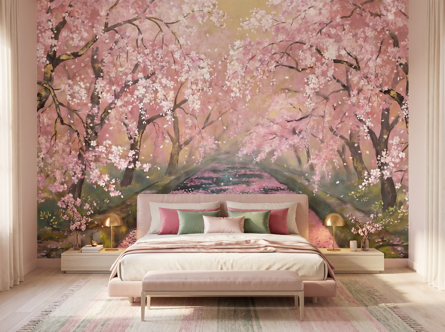 Sakura and River scenic wallpaper mural on the feature wall of a chinoiserie living room, in a soft pink-and-blush palette — The Wall Shawl.