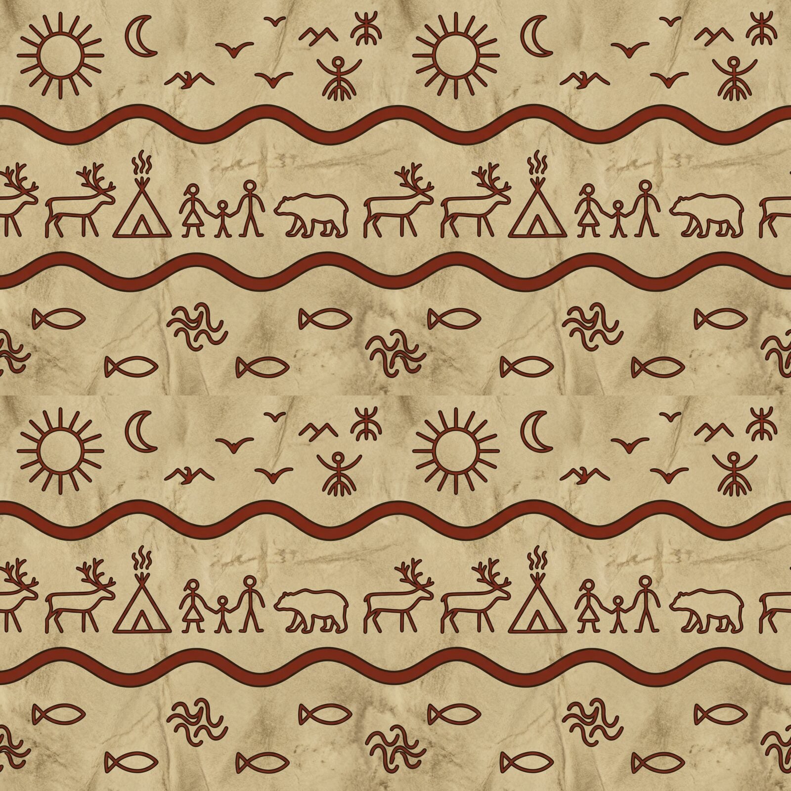 Explore the ancient cosmology of the Sami drum, with a palette of Drum Skin, Alder Bark Red, and Earth Brown. Made to order.