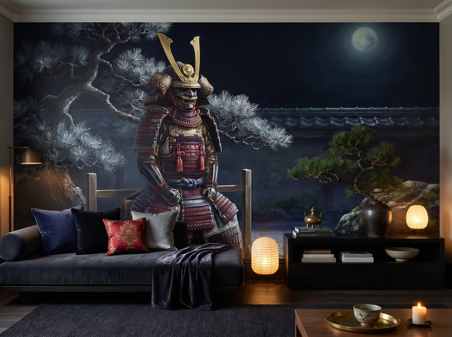 Samurai Armour Garden scenic wallpaper mural on the feature wall of a chinoiserie living room, in a moody black-and-charcoal palette — The Wall Shawl.