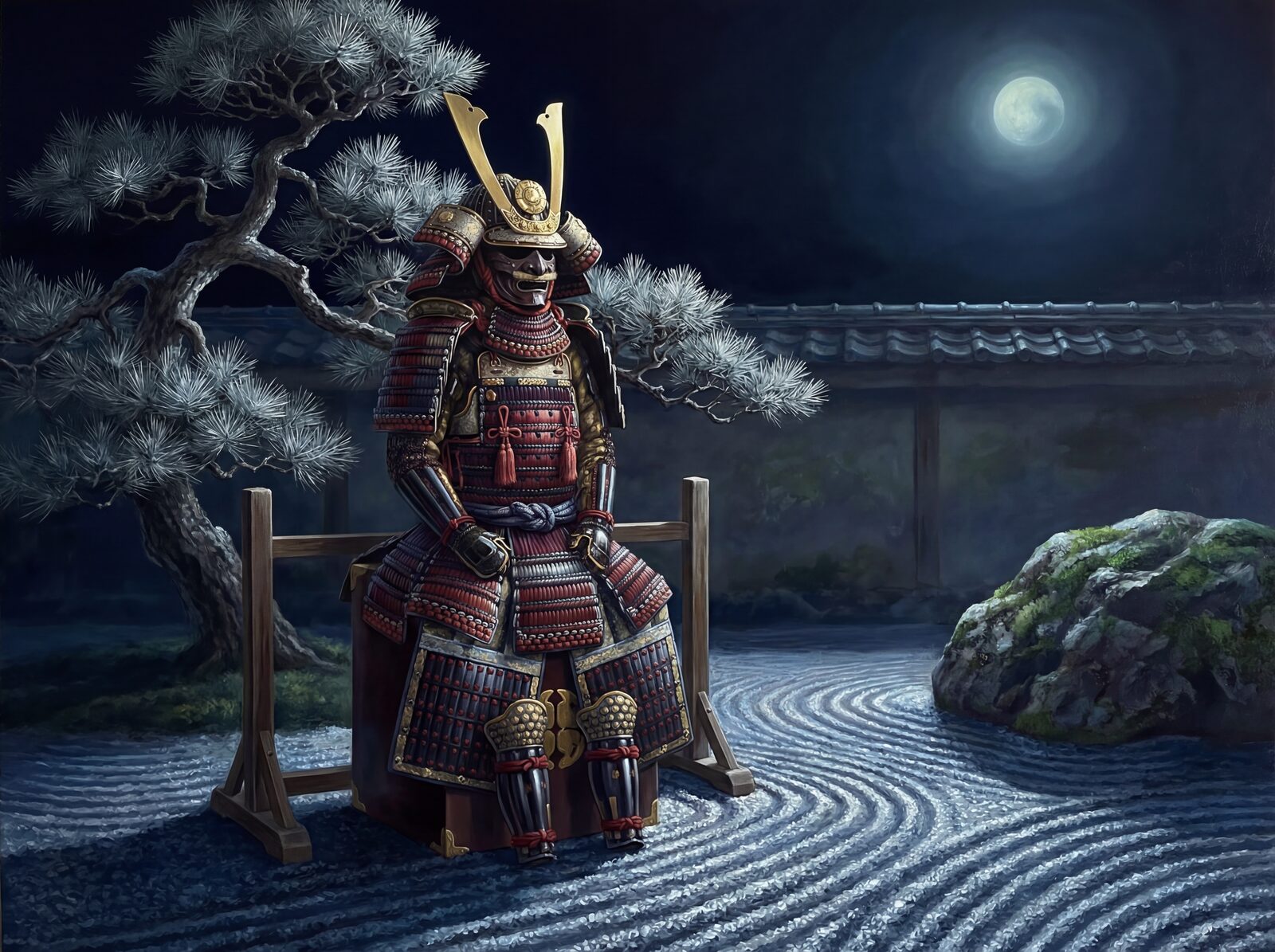 Step into a moonlit Japanese garden with this dramatic mural. Deep reds, golds, and silvers evoke mystery and ancient beauty. Made to order.