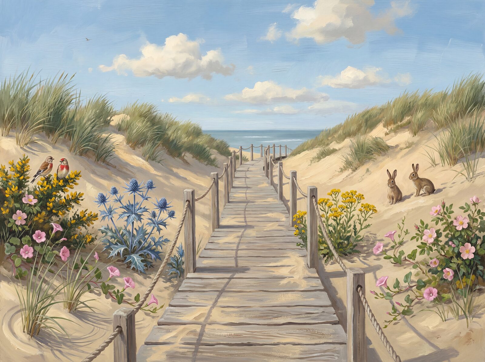 Scenic mural wallpaper featuring Marram Green, Dune Sand, and Sea Holly Blue. Made to order.