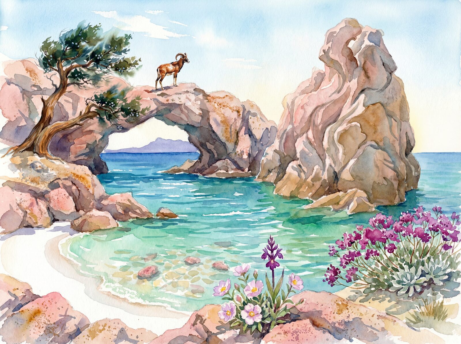 Scenic mural wallpaper featuring emerald waters, granite formations, and juniper trees. Made to order.