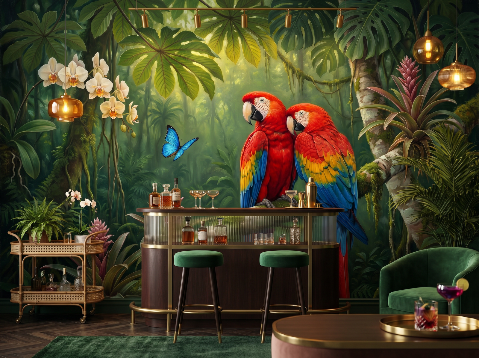 Scarlet Macaw scenic wallpaper mural on the feature wall of an English-country study, in a verdant green palette — The Wall Shawl.