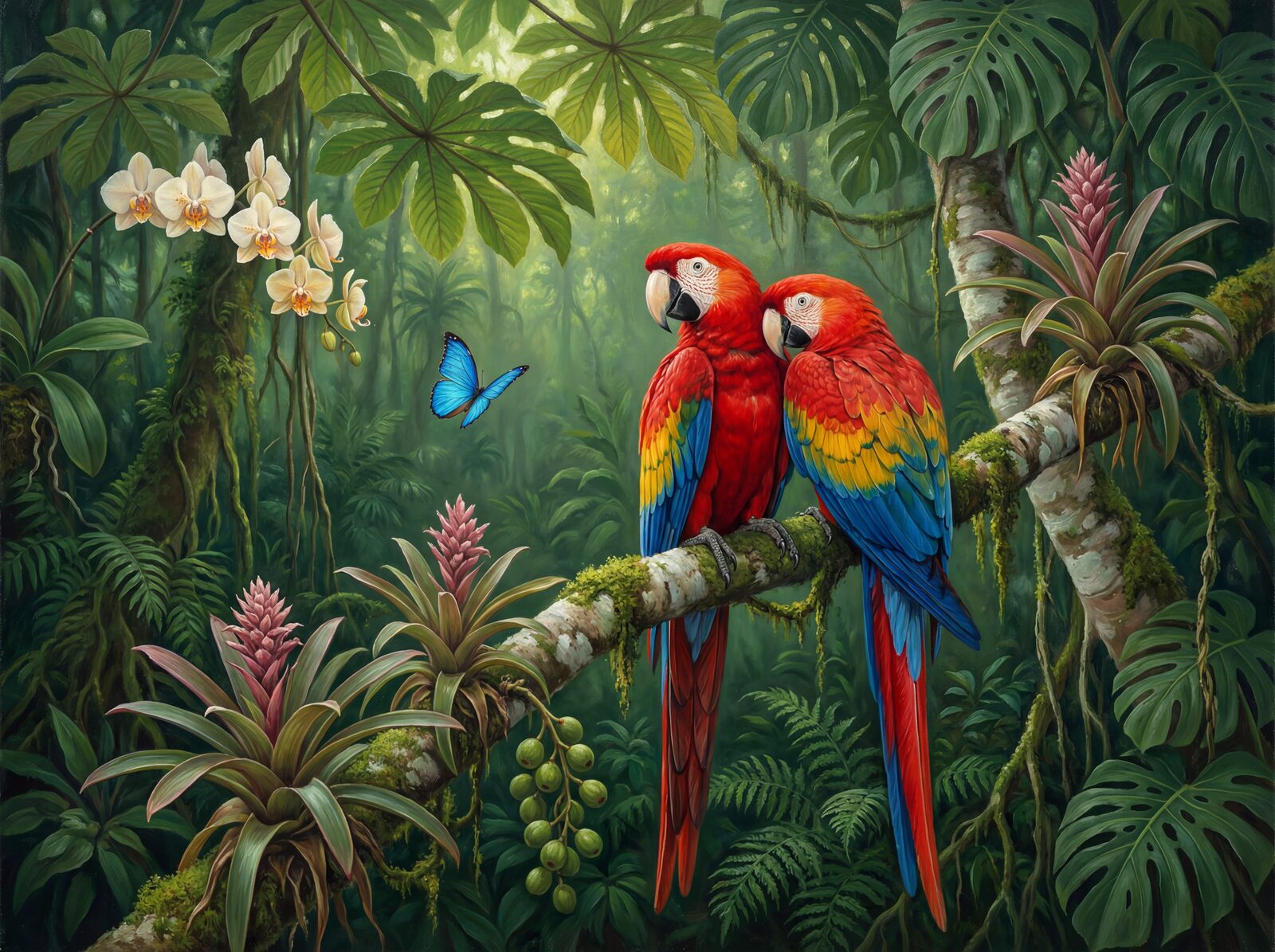 Scarlet macaws in a tropical canopy with Macaw Scarlet, Covert Gold, and Flight Blue hues. Made to order.