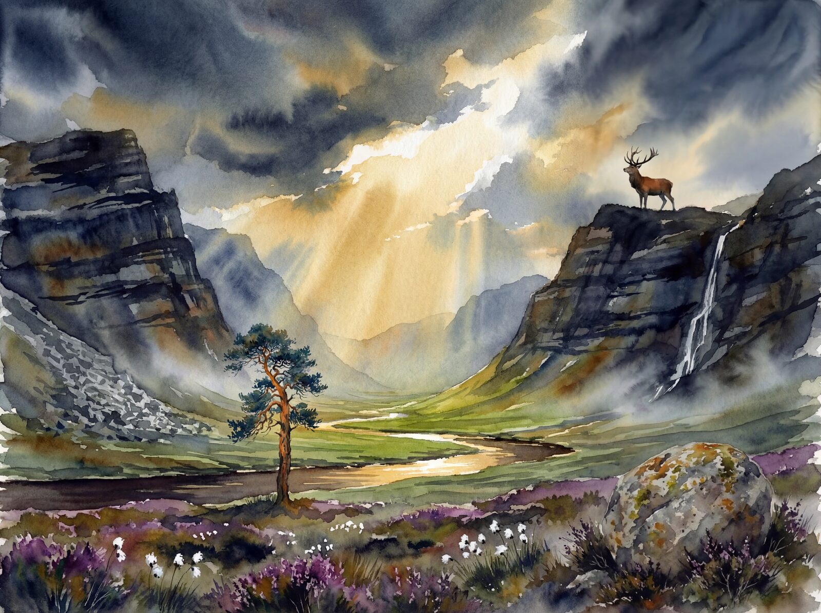 Dramatic Scottish Highland scene with Mountain Dark, Glen Green, and Cloud Break Gold. Made to order.