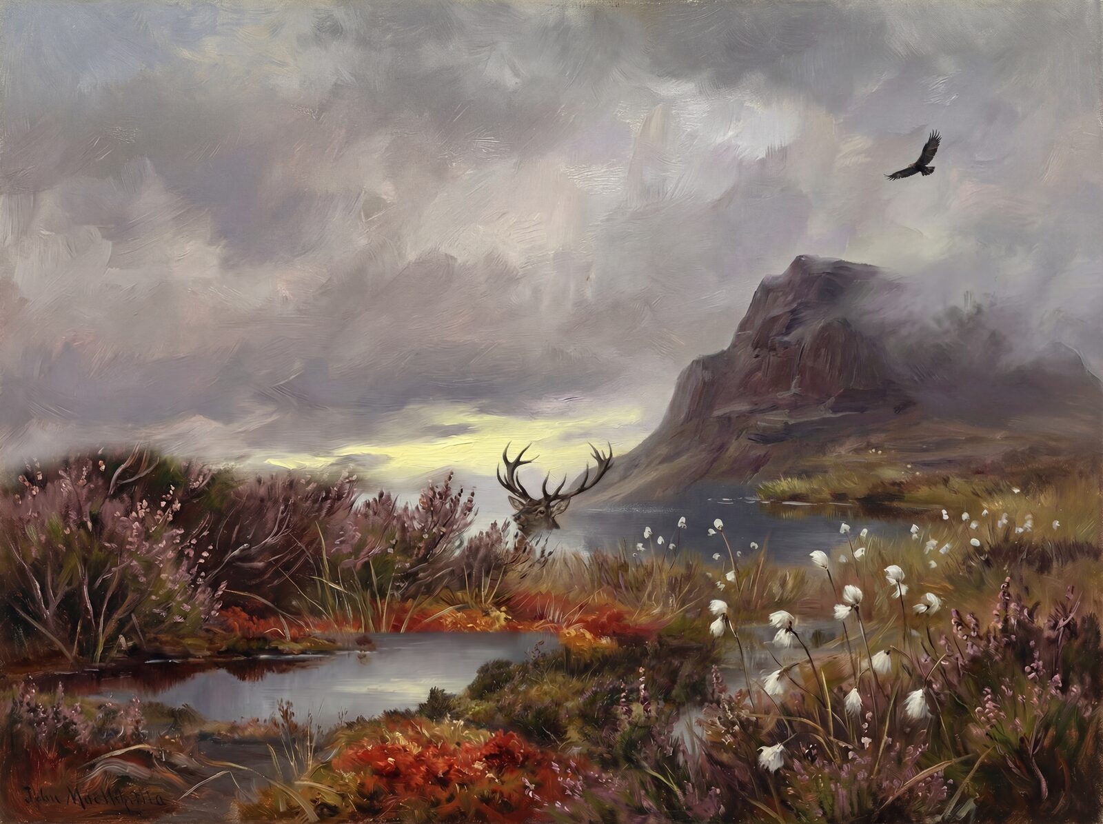 Mural wallpaper featuring a Scottish Highland scene with heather, peat bog, and mist. Palette includes Heather Purple, Peat Brown, and Sky Lavender. Made to order.