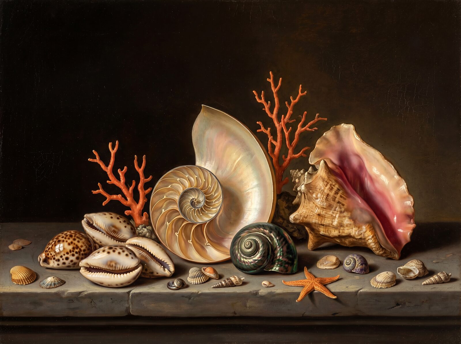 Exotic shells on a dark, profound background, featuring pearlescent, pink, and coral hues. Made to order.