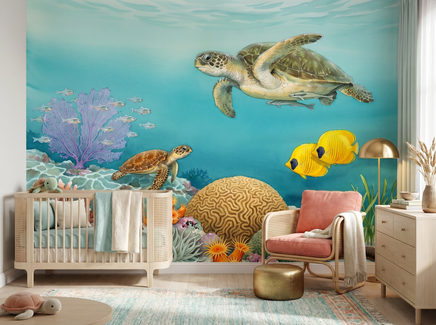 Sea Turtle Garden scenic wallpaper mural on the feature wall of a coastal bedroom, in a verdant green palette — The Wall Shawl.