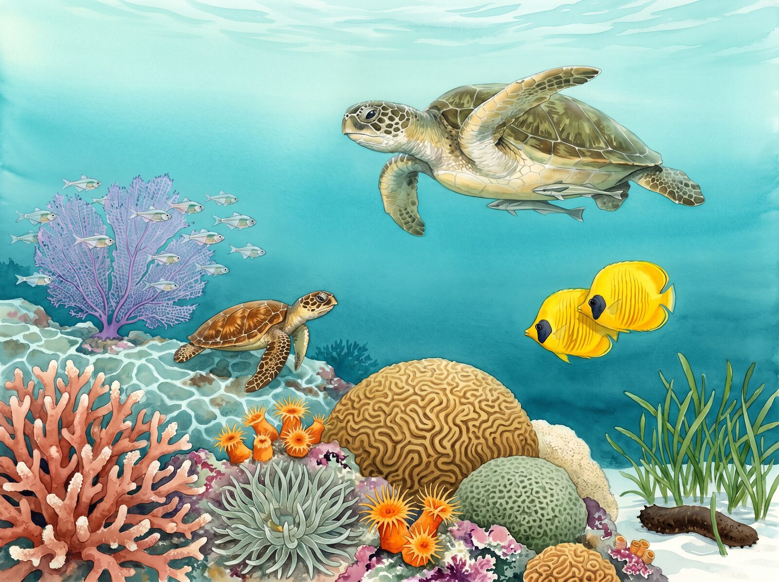 Serene underwater scene with shallow turquoise, olive, and coral hues. Made to order.